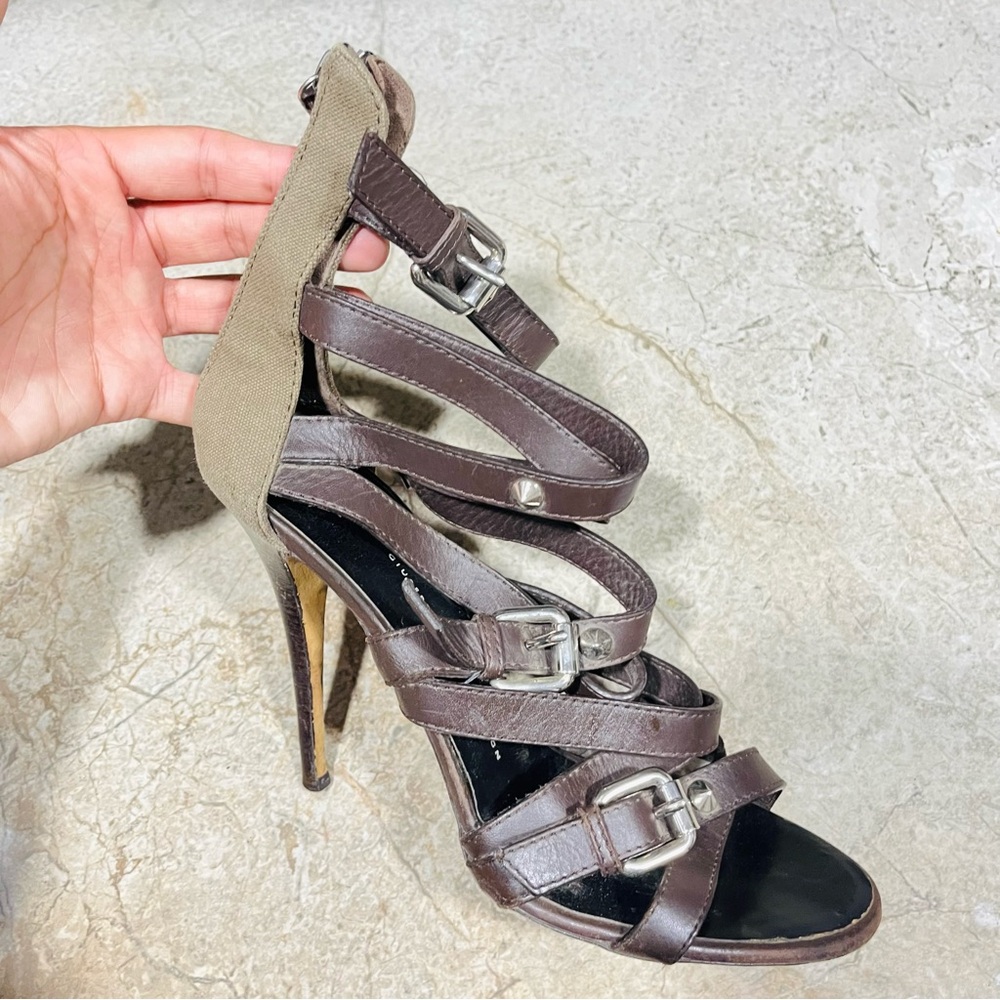 Giuseppe Zanotti Brown Leather and Khaki Canvas Stiletto Sandals - Picture 3 of 8
